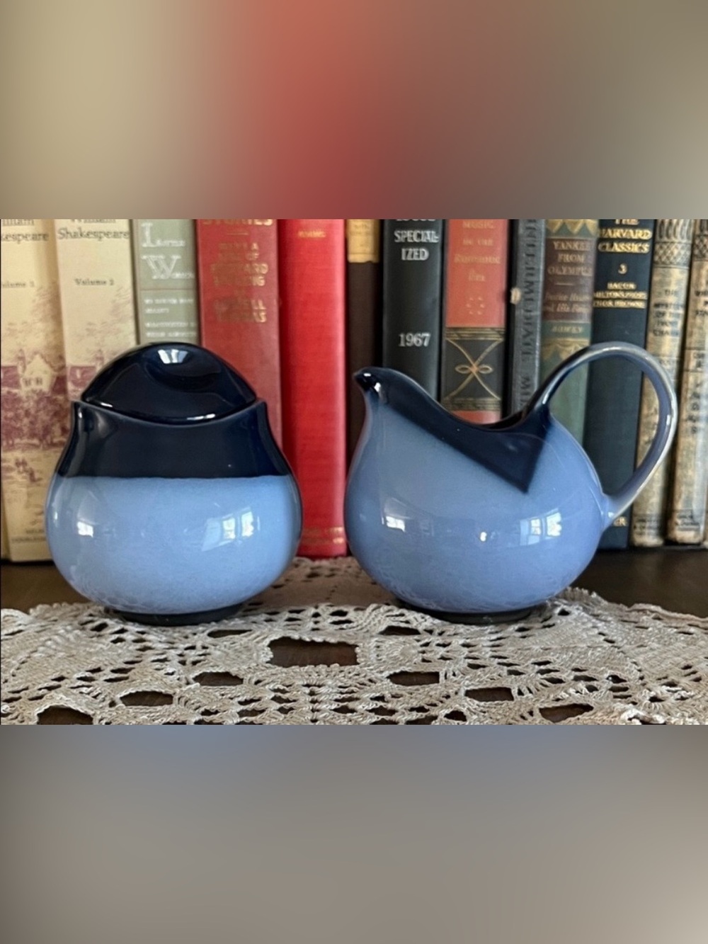 Vintage Sango Nova Blue Creamer & Lidded Sugar Bowl Japan Stoneware Home Decor